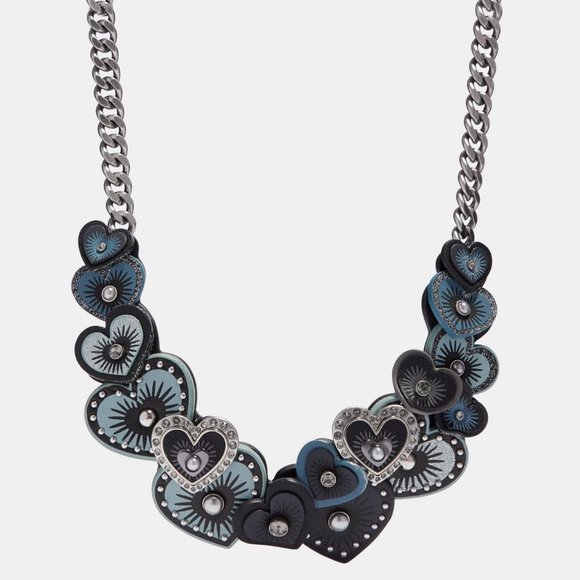 Coach $300 Leather SWAROVSKI Crystals Heart Applique 3d Necklace - Picture 3 of 13